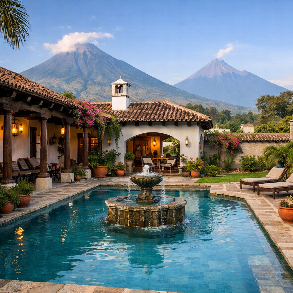 casa colonial en Antigua Guatemala con piscina y vista a volcanes Agua y Fuego